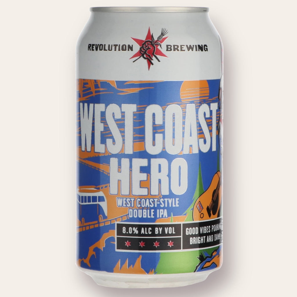 A 355ml Canof Beer from Revolution - West Coast-Hero | West Coast DIPA - available from Grunting Growler Craft Beer)