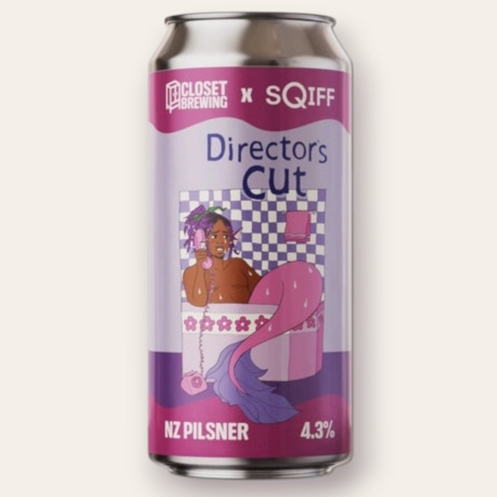 A 440ml Canof Beer from Closet Brewing - Director's Cut | NZ Pilsner - available from Grunting Growler Craft Beer)