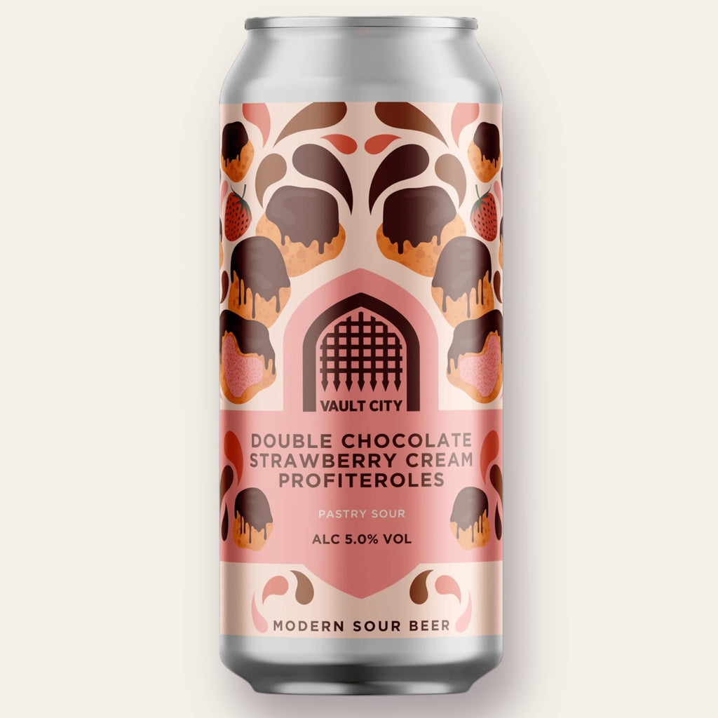 A 440ml Canof Beer from Vault City - Double Chocolate Strawberry Cream Profiteroles | Pastry Sour - available from Grunting Growler Craft Beer)