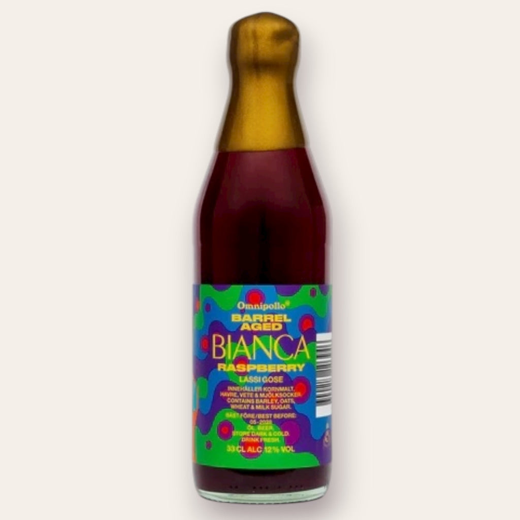 A 330ml Bottleof Beer from Omnipollo - Barrel Aged Bianca Raspberry Lassi Gose | BA Pastry Sour - available from Grunting Growler Craft Beer)