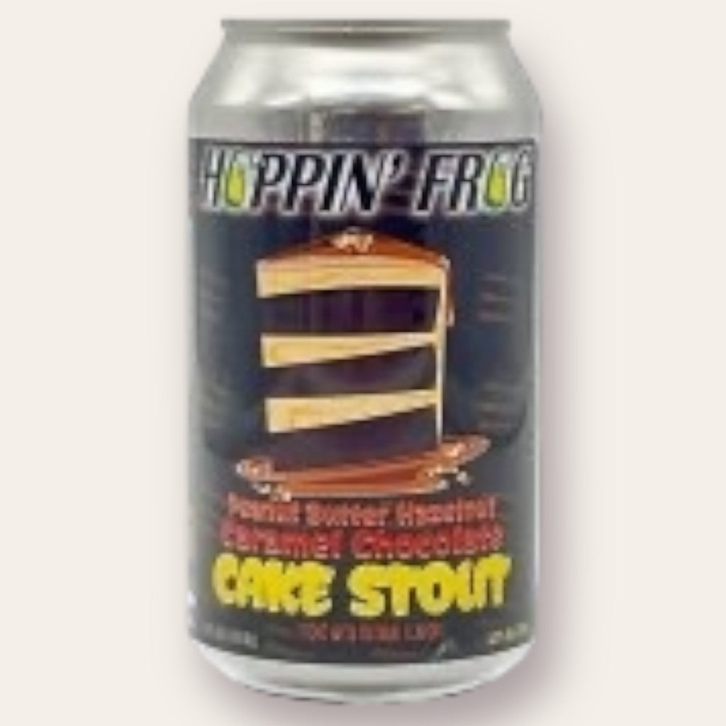 A 355ml Canof Beer from Hoppin' Frogs - Peanut Butter Hazelnut Caramel Chocolate Cake Stout | Imperial Stout - available from Grunting Growler Craft Beer)