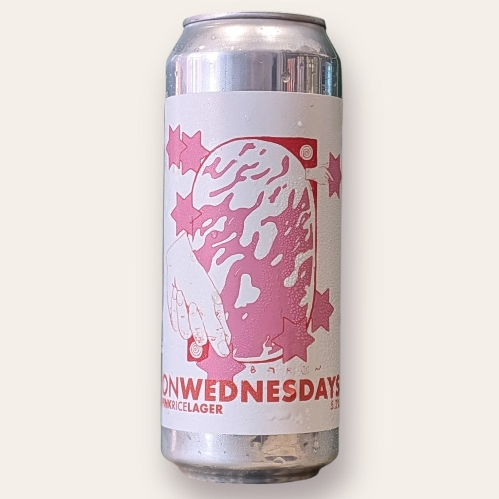 A 500ml Canof Beer from Baron - On Wednesdays | Pink Rice Lager - available from Grunting Growler Craft Beer)